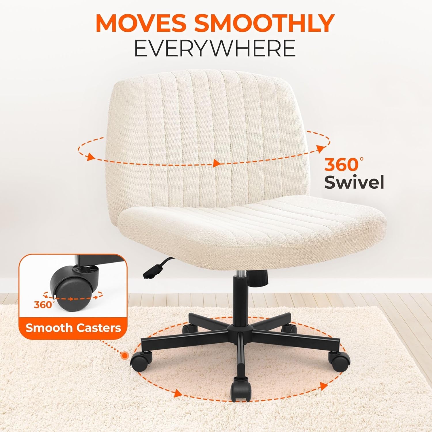 Criss Cross Chair Wheels Wide Cross Legged Office Desk Vanity Chair Comfy Fabric Armless Adjustable Swivel for Home Computer Task (Beige)