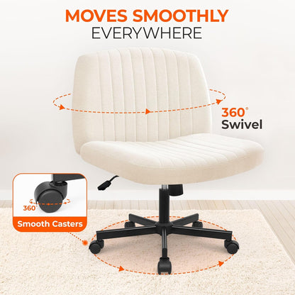 Criss Cross Chair Wheels Wide Cross Legged Office Desk Vanity Chair Comfy Fabric Armless Adjustable Swivel for Home Computer Task (Beige)