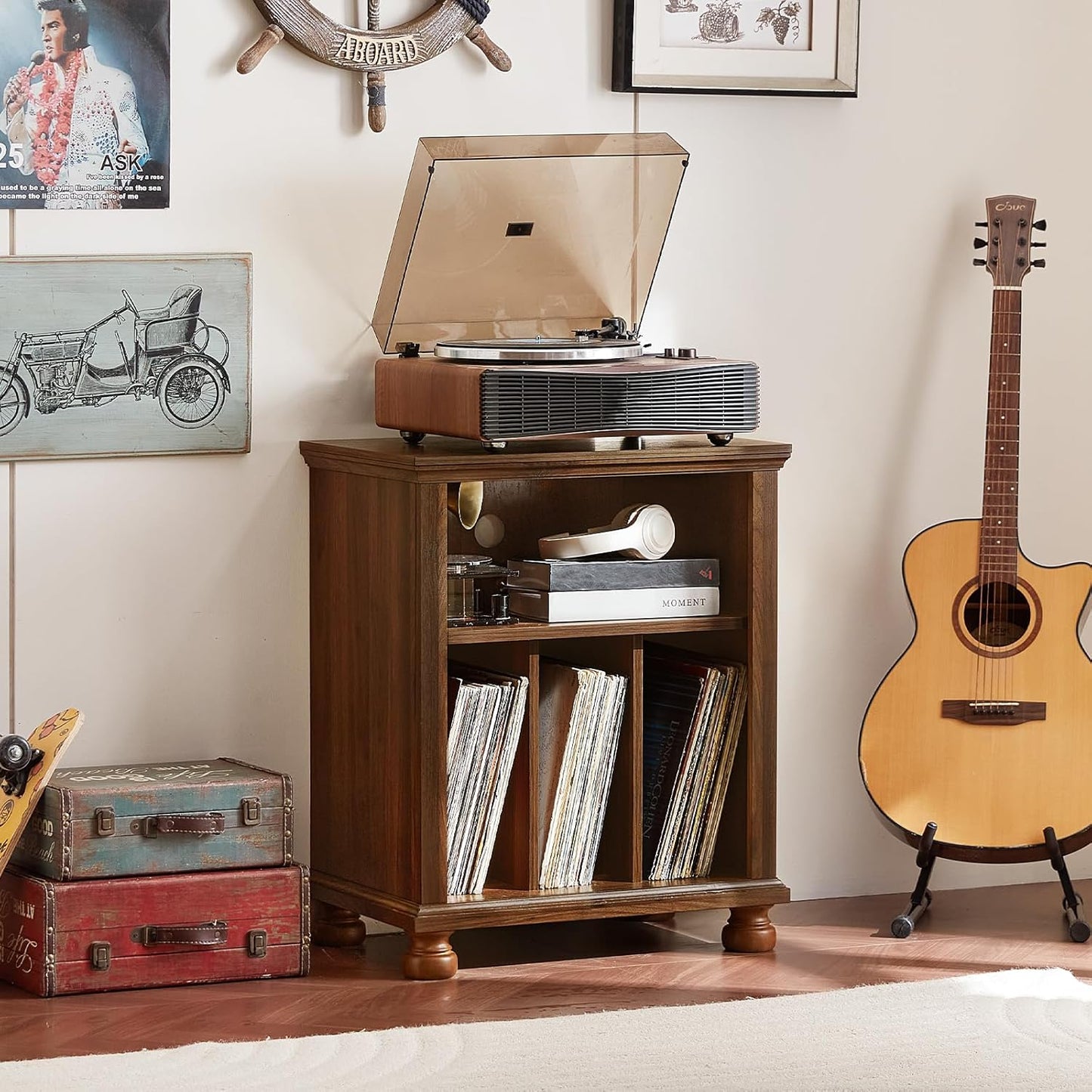 Record Player Stand with Vinyl Record Storage, 24" Wide Mid-Century Record Player Table up to 200 Albums,Large Wood Turntable Stand Cabinet Dispaly Shelf for Living Room,Bedroom,Brown