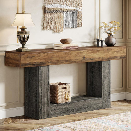 63" Console Table, Farmhouse 2-Tier Entryway Table with U-Shaped Base, Narrow Long Wood Sofa Table behind Couch Table for Living Room, Hallway, Foyer, Vintage Brown & Gray