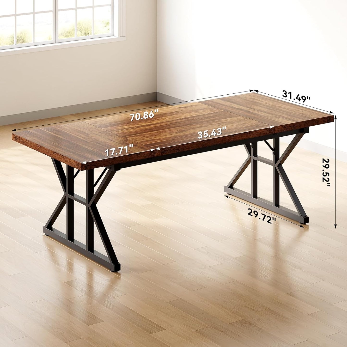 70.8-Inch Office Desk, Wooden Executive Office Desk, Modern Work Desk, Large Farmhouse Writing Table Computer Desk for Home, Brown-Black