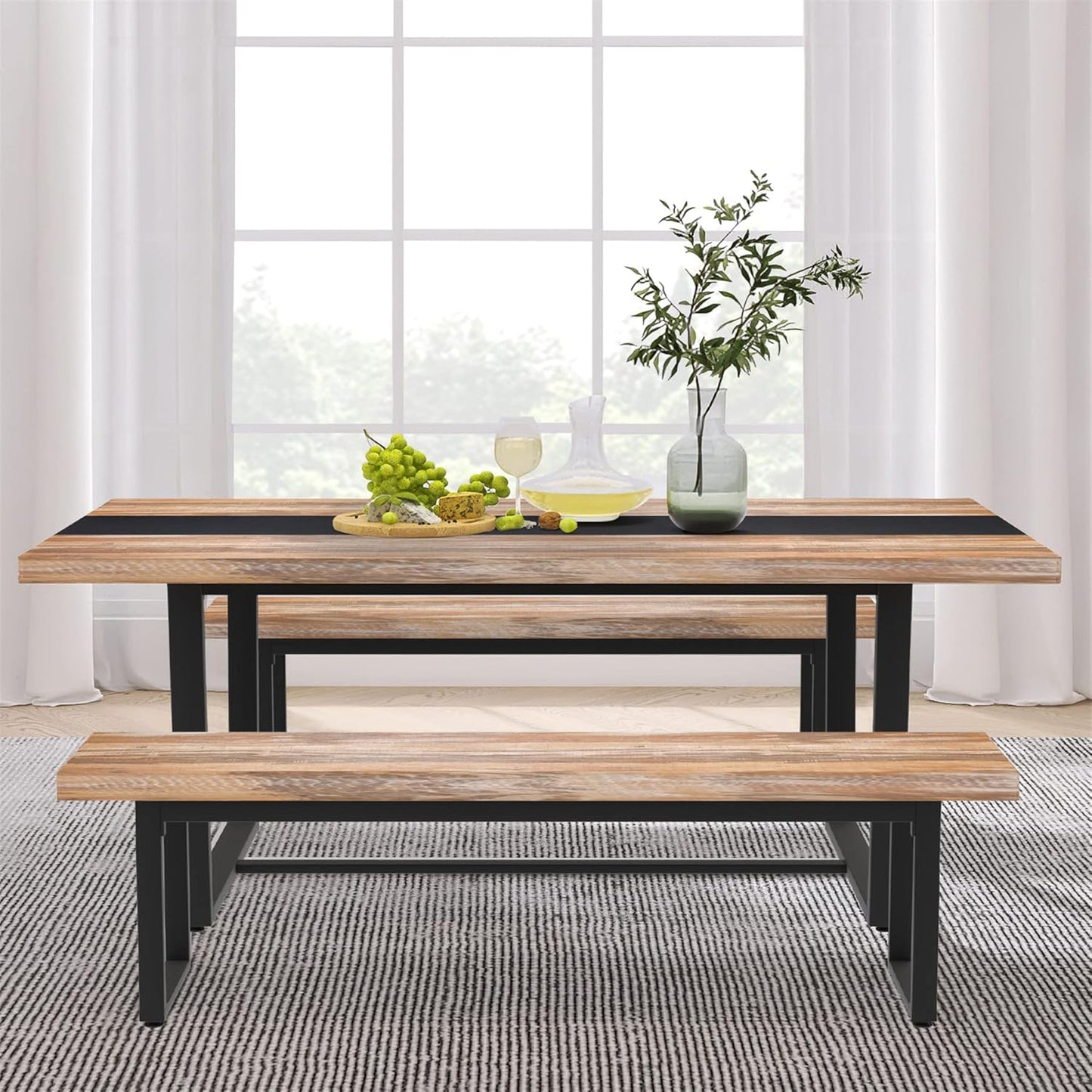 59” Dining Bench Pair of 2 for 6-8 Person, Farmhouse Indoor Kitchen Table Benches, Bed Bench, Industrial Shoe Bench (Brown 2Pcs)