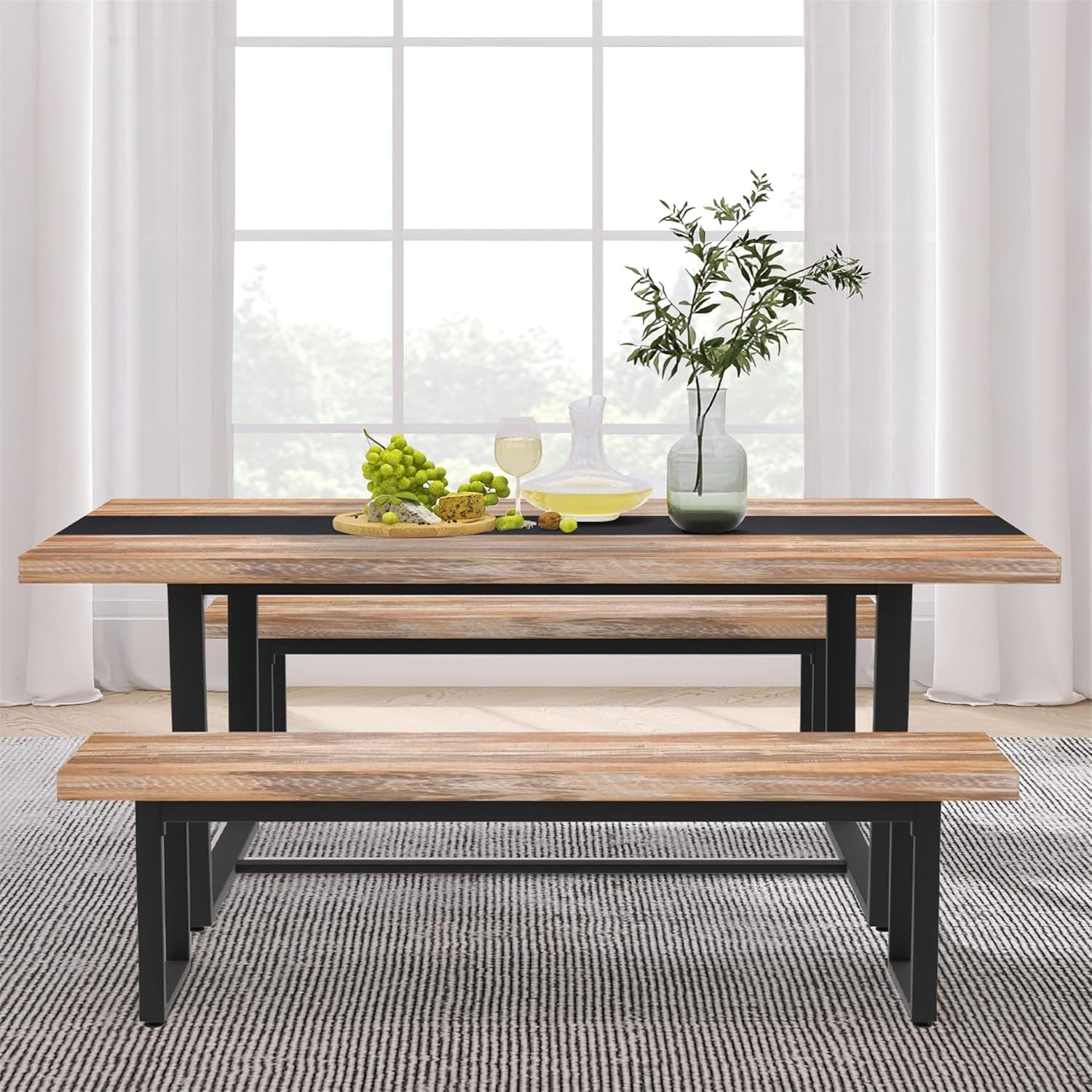 59” Dining Bench Pair of 2 for 6-8 Person, Farmhouse Indoor Kitchen Table Benches, Bed Bench, Industrial Shoe Bench (Brown 2Pcs)