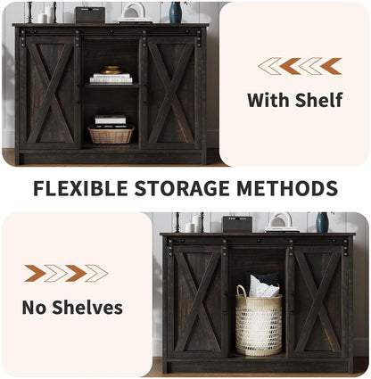 Coffee Bar Cabinet with Sliding Barn Doors, 42” Sideboard Buffet Cabinet with Storage, Farmhouse Coffee Bar Station Table Liquor Wine Bar with Shelves for Kitchen, Espresso