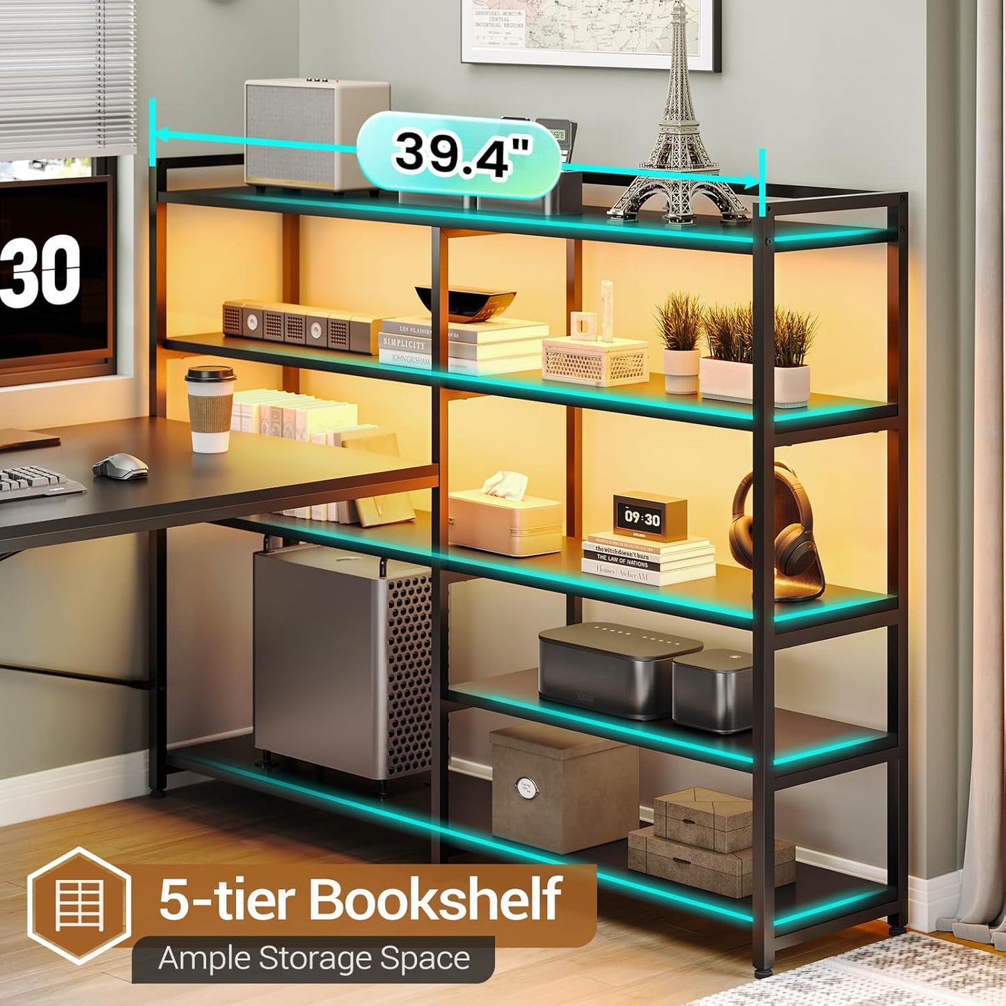 L Shaped Gaming Desk, Reversible U Shaped Computer Desk with Power Outlet and Storage Shelves, Corner Gaming Desk with LED Lights, 3 Fabric Drawers, Black