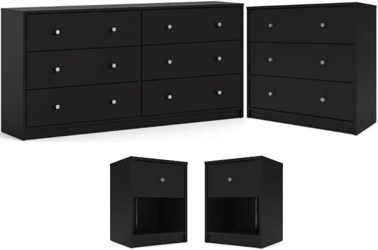 4-Pc Scandinavian Design Bedroom Furniture Set with 3-Drawer Chest, 6-Drawer Double Dresser & Two 1-Drawer Nightstands, Plastic Pewter Handles and Smooth Glides, in Black