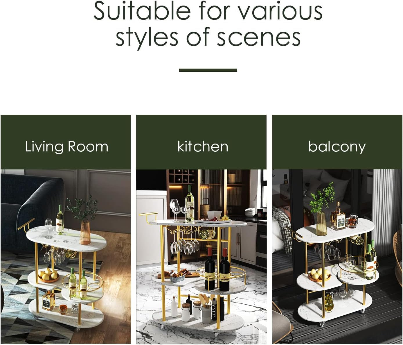 Gold Bar Carts with 4-Tier Storage Shelves, Mobile Bar Serving Cart with Wine Rack and Glass Holder, for the Home, Kitchen, Living Room, Dining Room