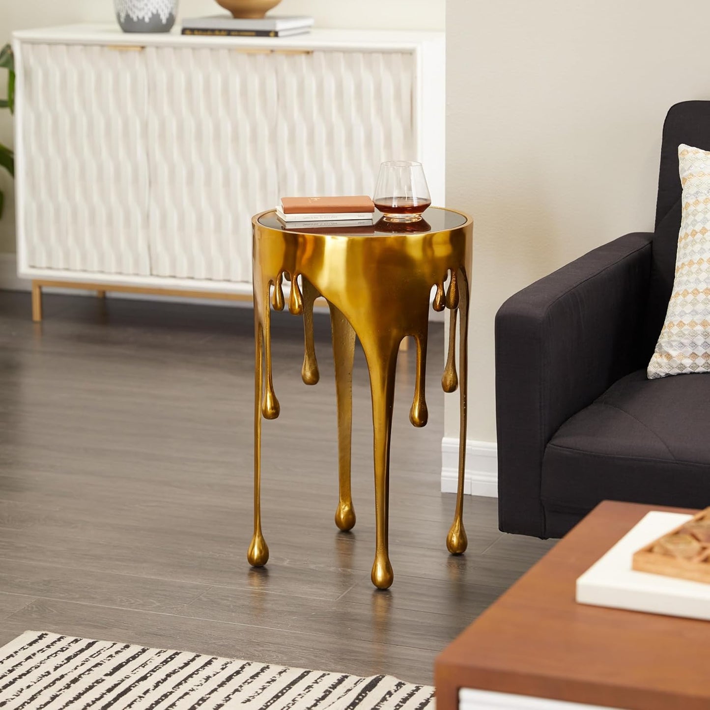 Aluminum Metal Abstract Melting Drip Accent Table with Melting Design and Shaded Glass Top, 16' X 16' X 25', Gold