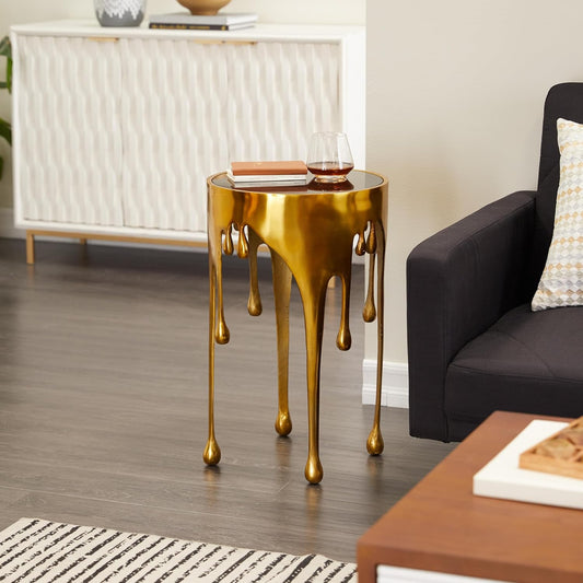 Aluminum Metal Abstract Melting Drip Accent Table with Melting Design and Shaded Glass Top, 16' X 16' X 25', Gold