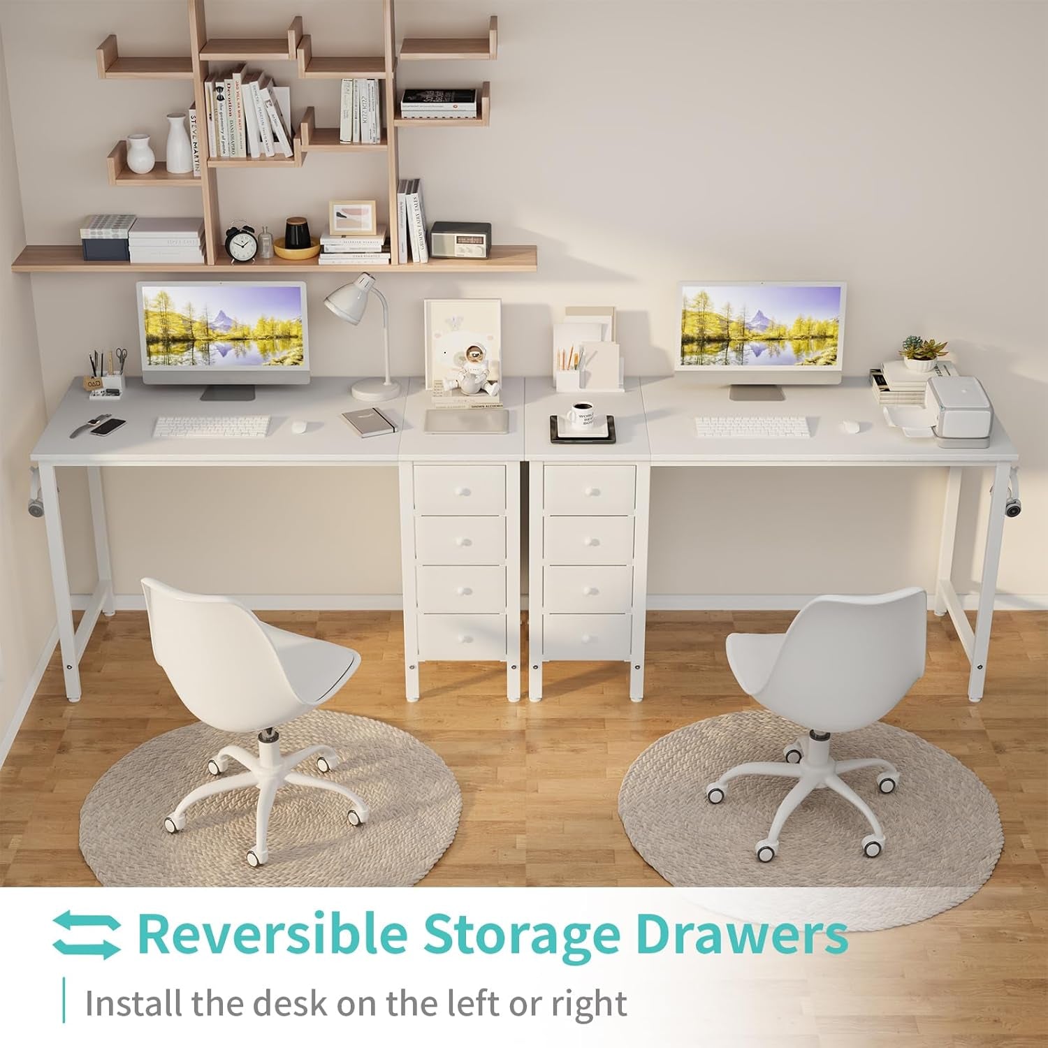 White Computer Desk with Drawers, 47 Inch Reversible Study Work Writing Desk for Home Office Bedroom, Simple Modern Cute PC Desks with Fabric Drawer, White