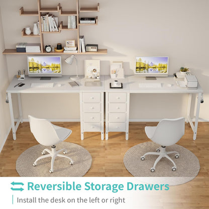 White Computer Desk with Drawers, 47 Inch Reversible Study Work Writing Desk for Home Office Bedroom, Simple Modern Cute PC Desks with Fabric Drawer, White