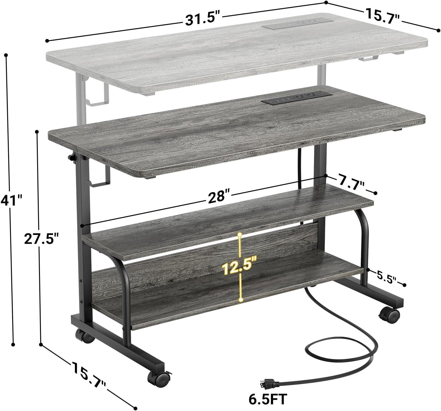 32" Height Adjustable Standing Desk with Power Outlets - Manual Rolling Stand up Desk with Wheels Small Portable Computer Desk Mobile Laptop Table with Storage Shelves for Home Office, Grey Oak