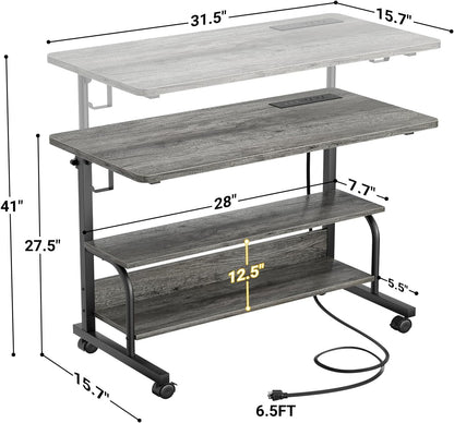 32" Height Adjustable Standing Desk with Power Outlets - Manual Rolling Stand up Desk with Wheels Small Portable Computer Desk Mobile Laptop Table with Storage Shelves for Home Office, Grey Oak
