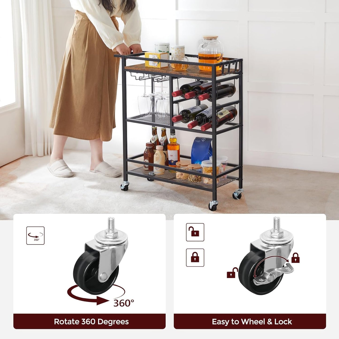 Bar Cart for Home, 3-Tier Serving Cart with Wheels and Handle, Beverage Cart with Wine Rack and Glass Holders, Rolling Wine Cart for Kitchen, Dining Room, Rustic Brown RCHR6101
