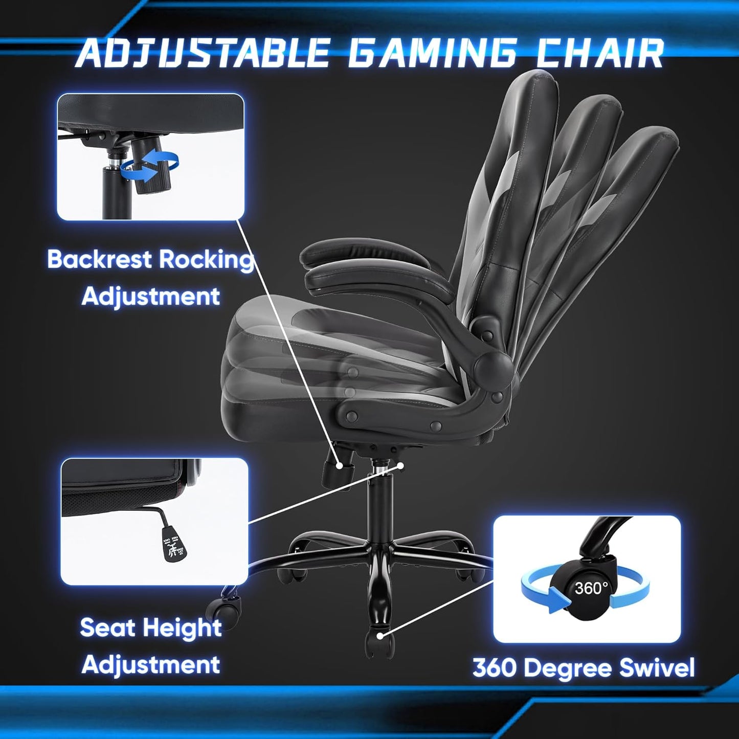 Computer Gaming Desk Chair - Big Tall Ergonomic Lumbar Support with Flip-Up Armrest and 360° Swivel Wheels, PU Leather Height Adjustable, for Home and Office, Grey