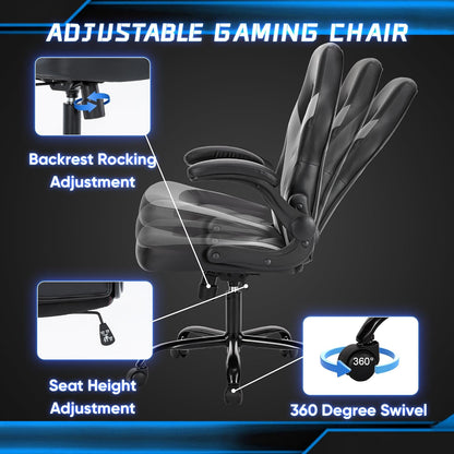 Computer Gaming Desk Chair - Big Tall Ergonomic Lumbar Support with Flip-Up Armrest and 360° Swivel Wheels, PU Leather Height Adjustable, for Home and Office, Grey