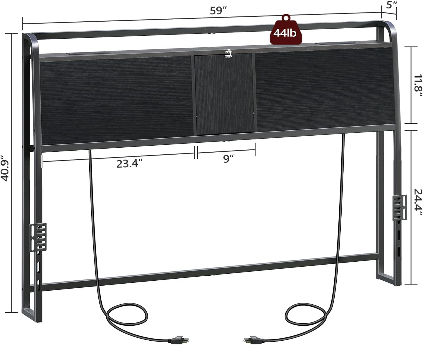 Headboard Queen Size Only, Headboard with 4 Outlets and 4 USB Ports, Industrial Head Board with Flip Door and Bed Frame Adapter, Height Adjustable, Black