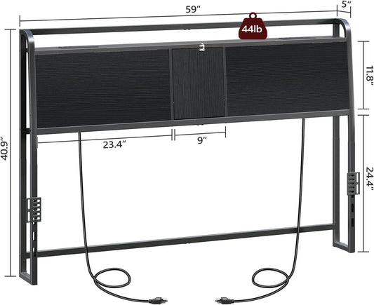 Headboard Queen Size Only, Headboard with 4 Outlets and 4 USB Ports, Industrial Head Board with Flip Door and Bed Frame Adapter, Height Adjustable, Black