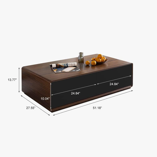 Modern Coffee Table for Living Room, 51 Inch Square Coffee Table with Storage, 4-Drawers Wood Table, Full-Assembled, Walnut and Black