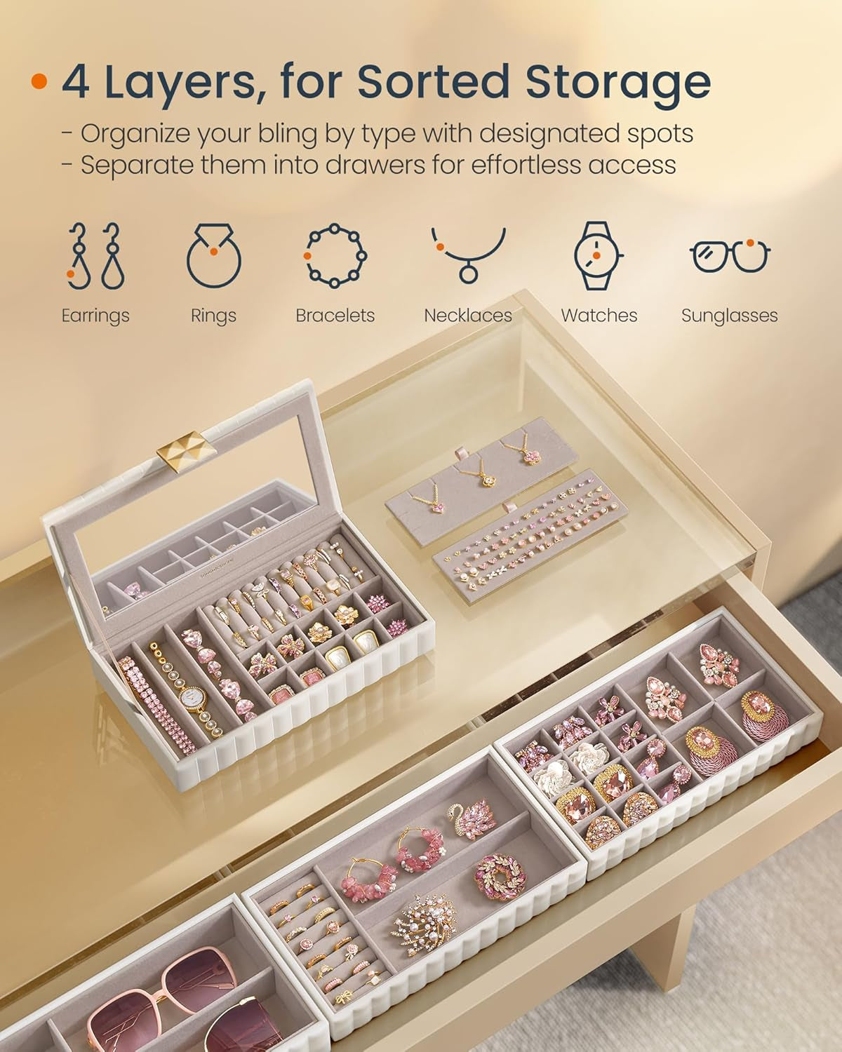 HOME Stackable Jewelry Box with Mirror, 4-Tier Jewelry Storage Organizer, PU Surface with Stitching, Floating Effect, 6.7 X 11 X 8 Inches, Cloud White, ANAH Collection UJBC181W01