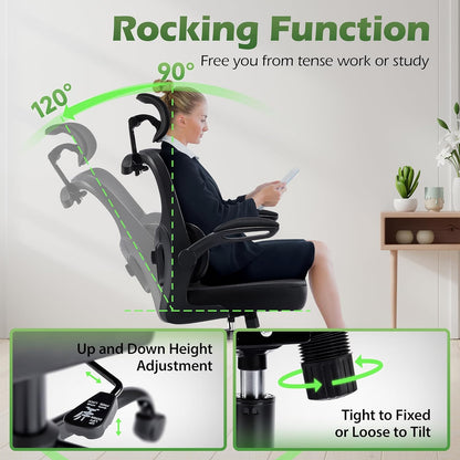 High back mesh ergonomic office chair with headrest and wheels, view 7