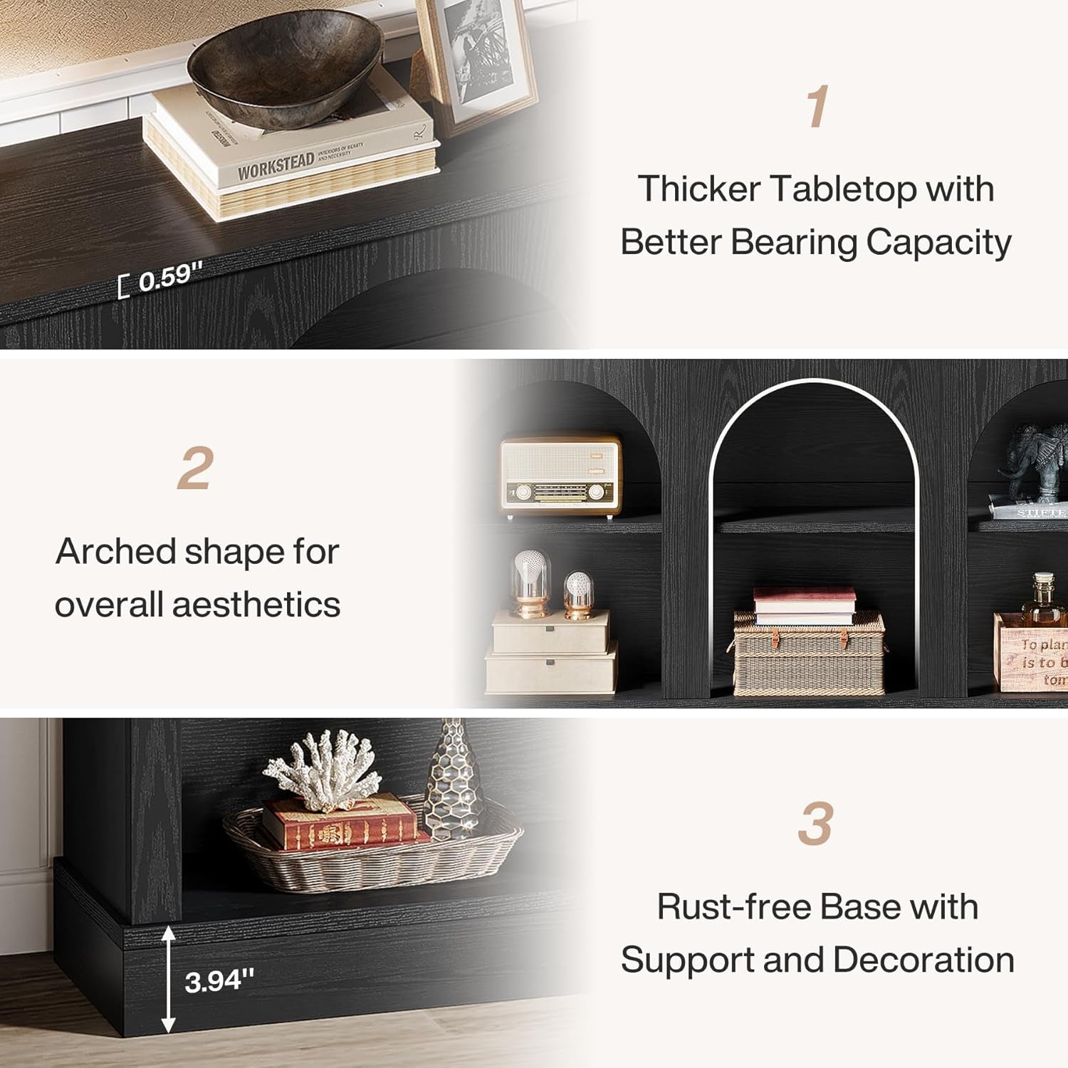 Farmhouse Console Table, 63-Inch Long Entryway Table with 3 Tier Storage, Wooden Rectangular Sofa Table behind the Couch for Entrance, Hallway, Living Room, Black