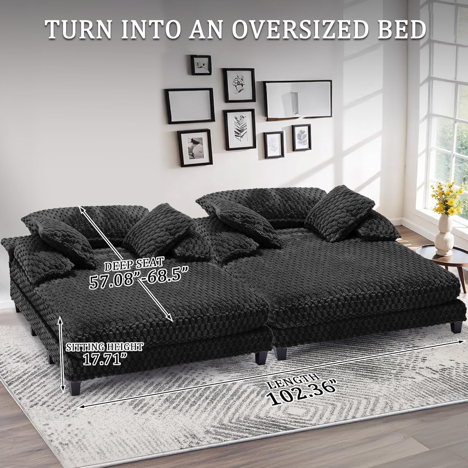 Faux Fur Chaise Lounge Indoor with Adjustable Backrest, 59 Inches Single Sleeper Sofa Chair with 3 Lumbar Pillows, Upholstered Oversized Lounge Chair for Living Room, Bedroom, Office