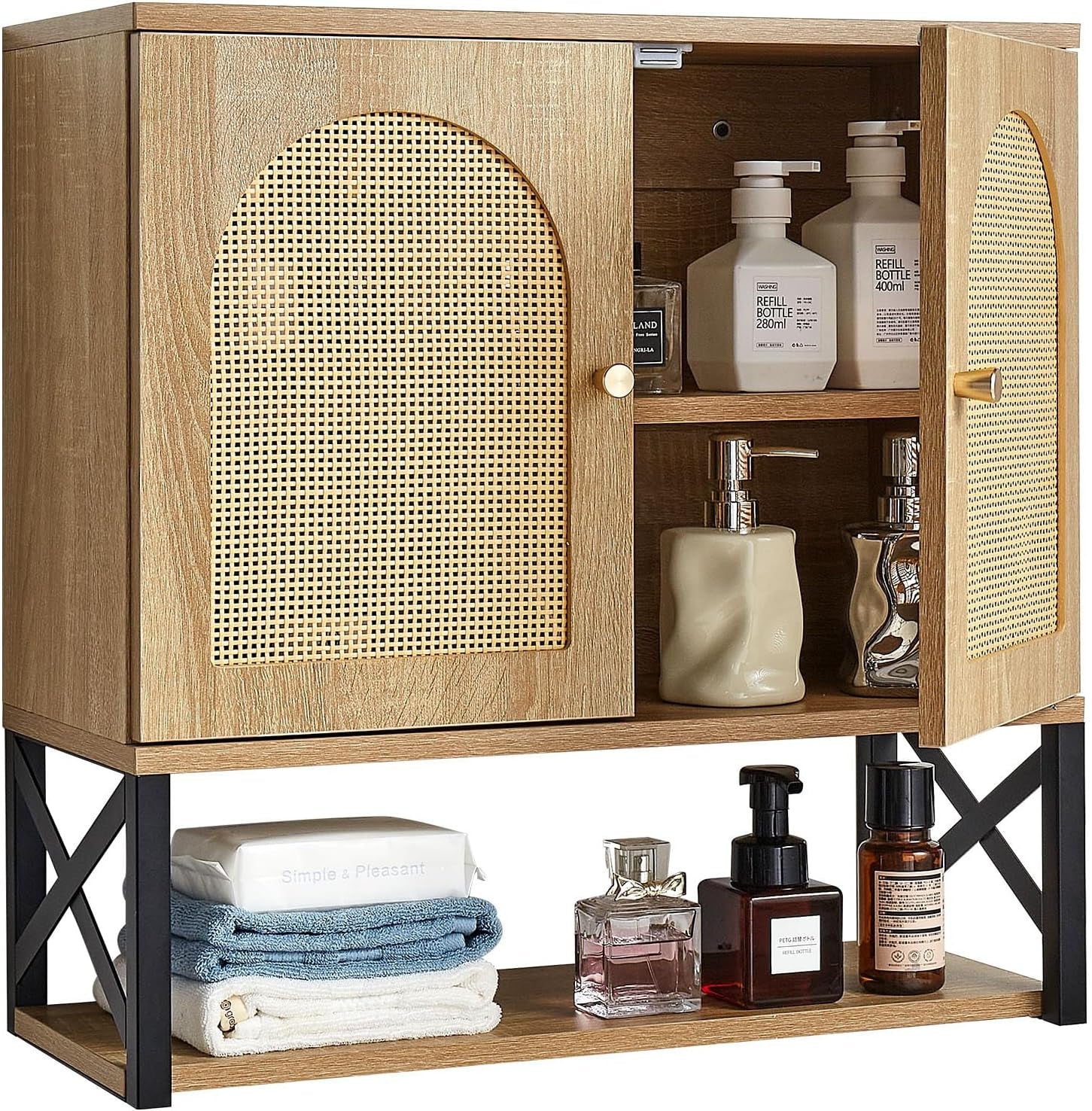 Bathroom Wall Cabinet, with 2 Doors and Adjustable Shelf, over the Toilet Storage Medicine Cabinet Wall Mounted, Hanging Organizer with Shelves & Open Partition for Laundry Room Kitchen Restroom