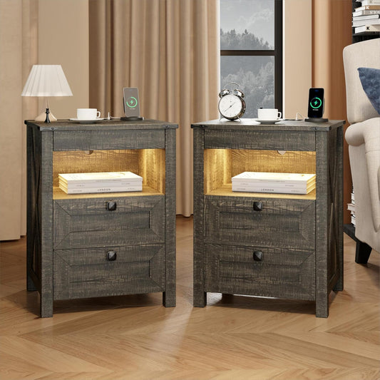 Nightstands Set of 2 with Gun Drawer, Farmhouse Bedside Table with Charging Station, Gun Night Stand with LED Light & Human Sensor, Smart End Table for Bedroom, Rustic Brown