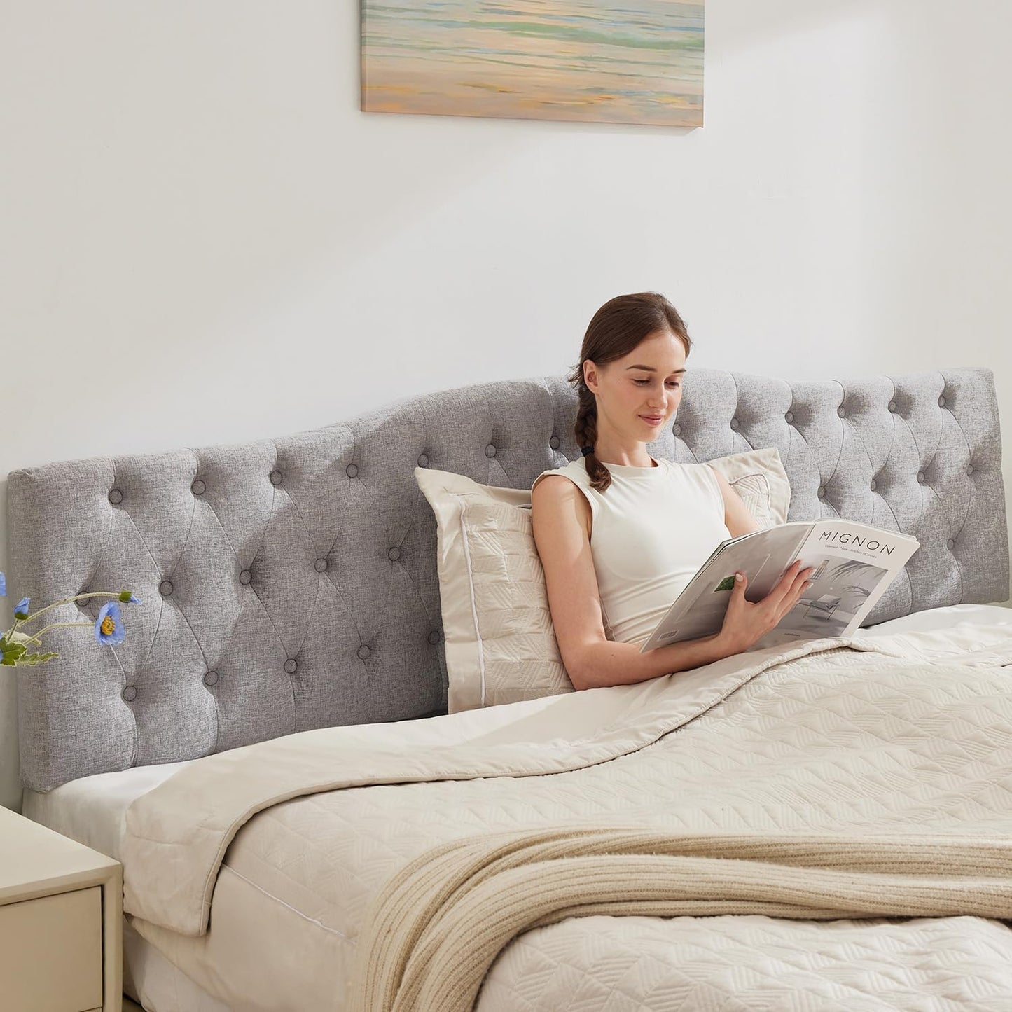 Upholstered Full Headboard, Button Diamond Tufted Headboards with Adjustable Height and Solid Wood Leg, Linen Fabric Padded Headboard for Full Size Bed, Mordern Head Board, Grey