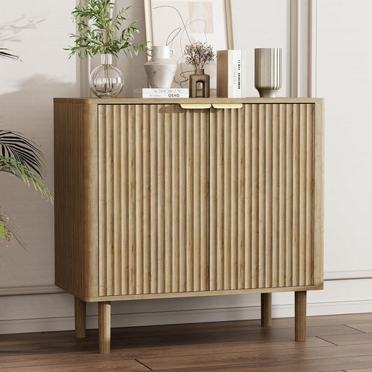Sideboard Buffet Cabinet with Storage, Modern Fluted Accent Credenza with Doors & Adjustable Shelves, Wood Coffee Bar Console Table for Living Room, Dining Room, Kitchen or Entryway 31.5" Oak