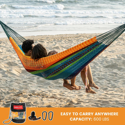 Handwoven Mayan Hammock, 10.5 FT Soft Rope Double Hammocks, Portable Outdoor Hammock with Carry Bag, 2 Straps & Carabiners for Patio Outside, 550 Lbs Weight Capacity, Multi Color