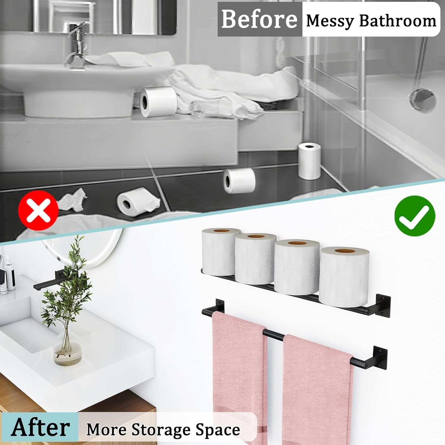 2 Packs 24 Inch Bathroom Towel Bar, Matte Black Towel Racks for Bathroom,  Bathroom Towel Rack Wall Mounted, Bath Hand Towel Holder Organizer, Modern Home Decor Towel Rod