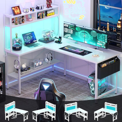 L Shaped Desk Gaming Desk, 59" L Shaped Computer Desk with LED Light & Power Outlet, Reversible Home Office Desk Gamer Desks with Shelves & Storage Bag & Hooks, Corner PC Desk, White