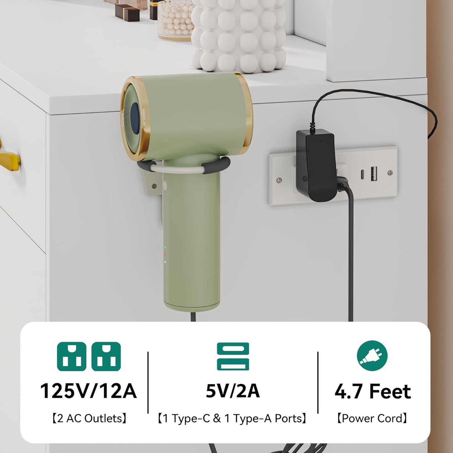 Vanity Desk with LED Lighted Mirror, Makeup Vanity Set with Power Strip, Drawers, Cabinet, Shelves, and Stool, Stylish White Vanity for Dressing Room