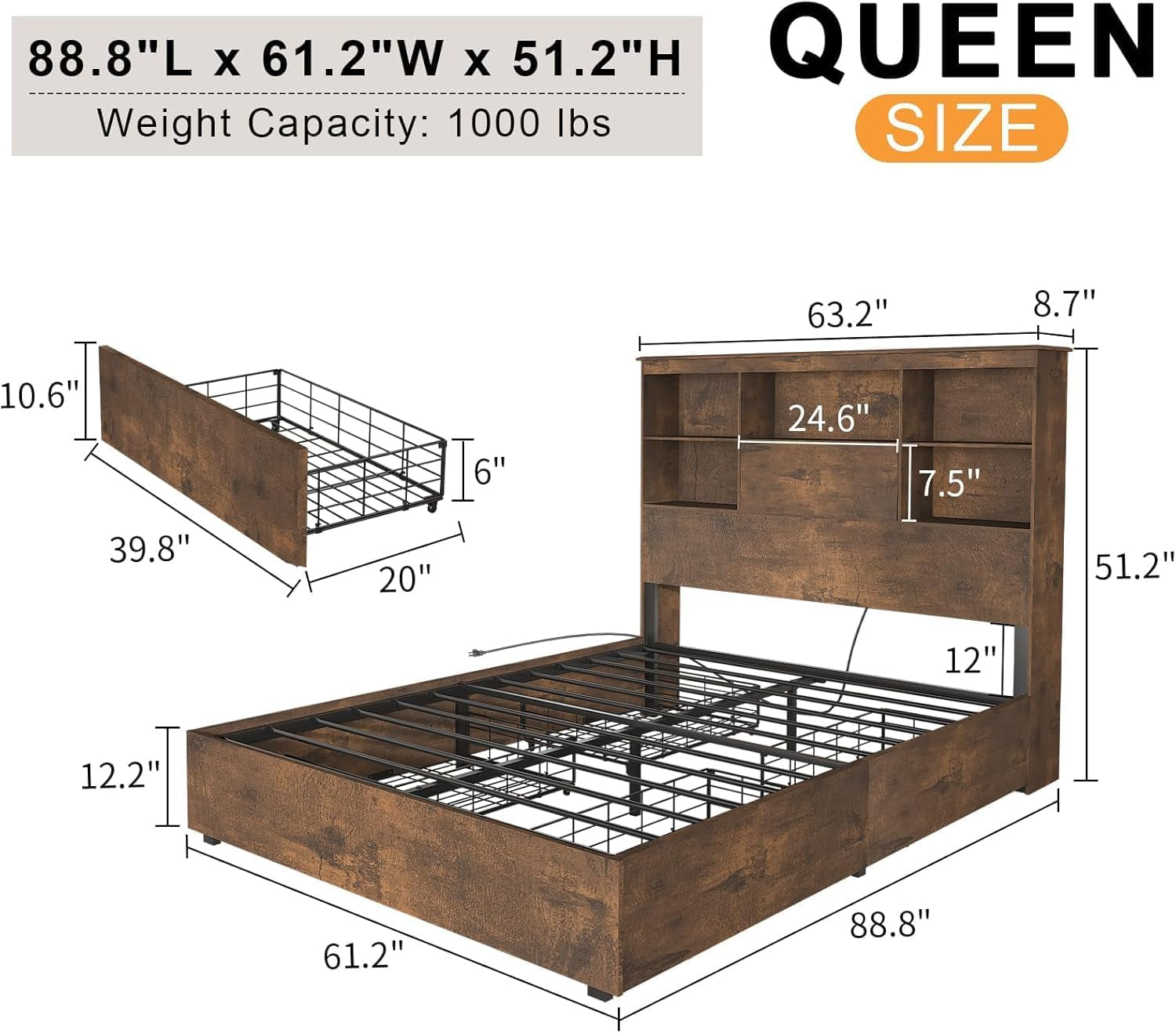 5-Piece Bedroom Set, 1 X Queen Size Bed Frame, 1 X 5 Drawer Dresser, 1 X 6 Drawer Storage Dresser, Nightstand Set of 2 with Charging Station, Farmhouse Bedroom Furniture, Rustic Brown