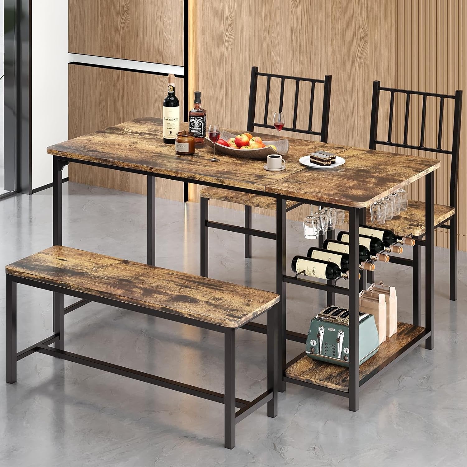 Dining Table Set for 4, 55" Small Kitchen Table with Wine Rack & Wine Glasses Holder, Dining Room Table Set with 2 Chairs and Bench for Small Space, Black