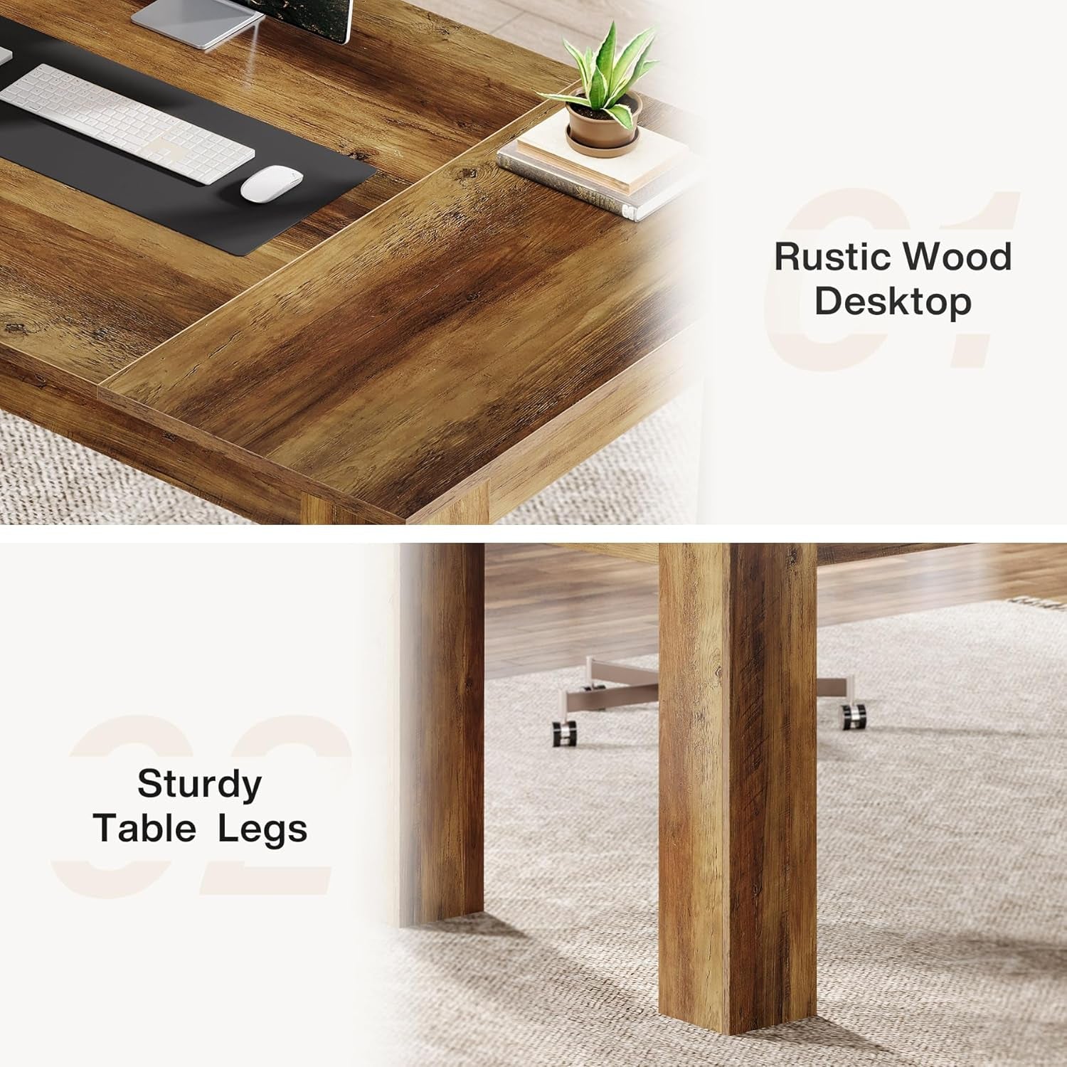 63-Inch Executive Desk, Large Office Computer Desk, Simple Workstation Writing Table Study Table for Home Office, Rustic Brown