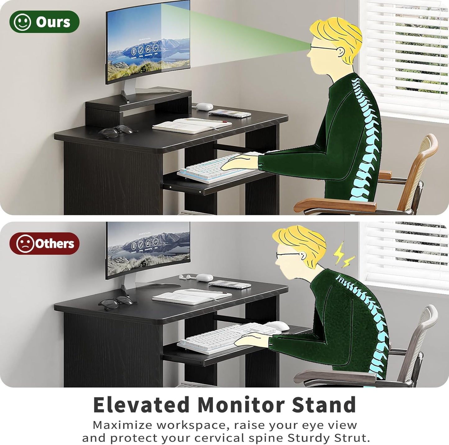 30" Small Computer Desk with Keyboard Tray Monitor Stand, Study Writing Desk with Storage Shelves, Modern Workstation for Small Spaces, save Space, Black A