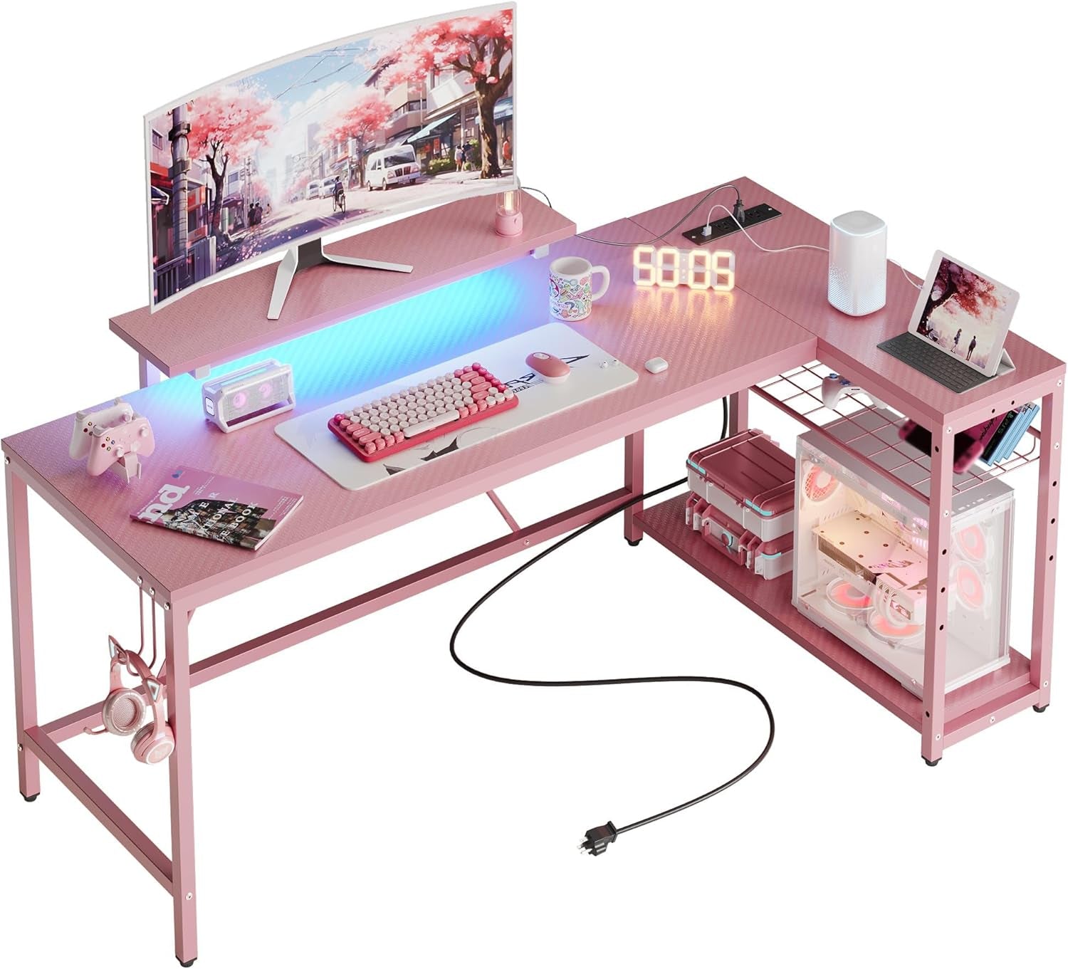 L Shaped Gaming Desk with Power Outlets,58 LED Small Corner Desk with Reversible Storage Shelves,Pink Computer Desk with Headset Hooks Desk for Living Room and Dormitory