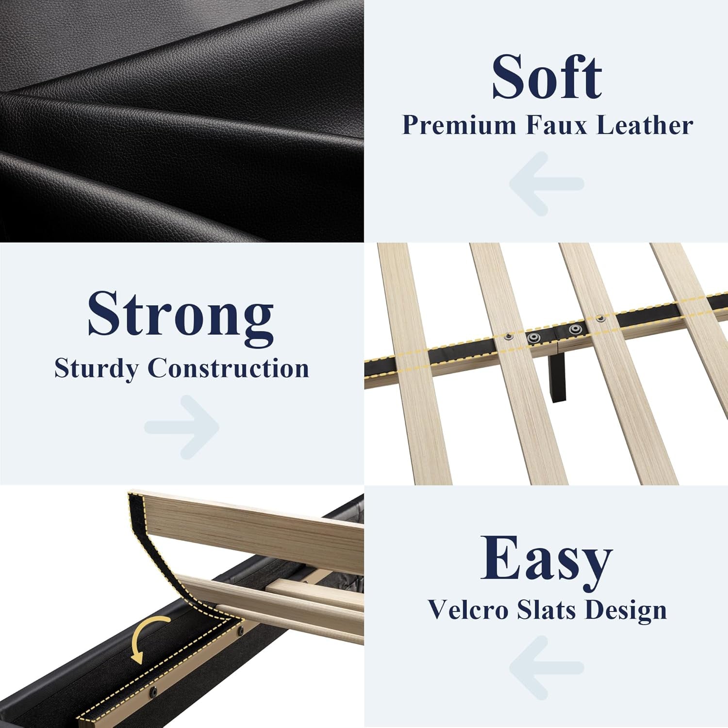 King Size Bed Frame with Adjustable Headboard, Faux Leather Platform Bed with Wood Slats, Heavy Duty Mattress Foundation, No Box Spring Needed, Noise-Free, Easy Assembly, Black