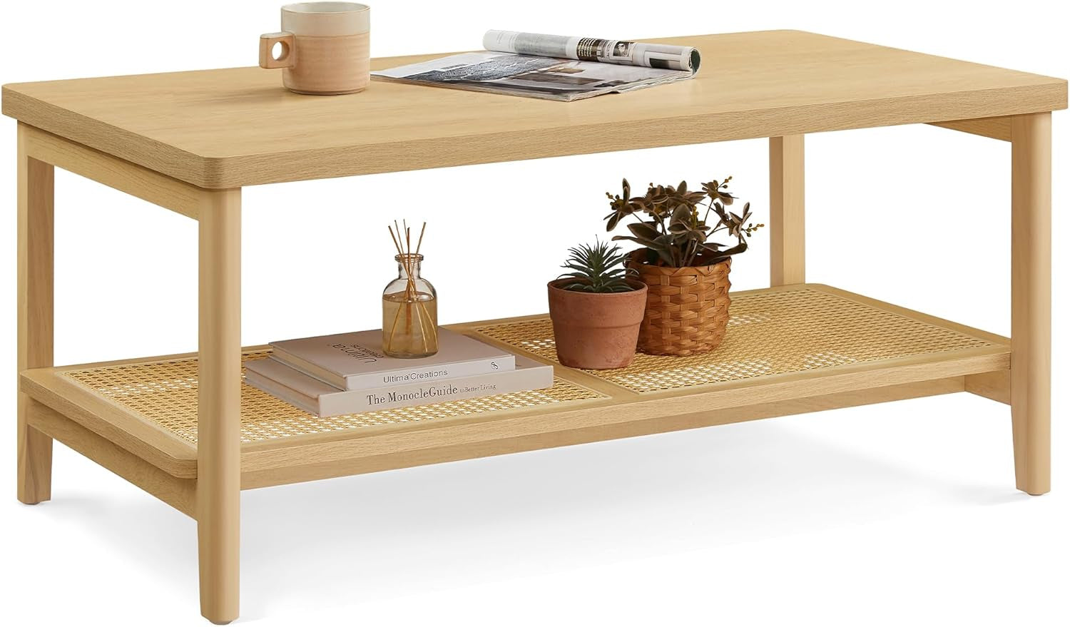 2-Tier Coffee Table for Living Room, Rectangular Living Room Table, with PVC Rattan Storage Shelf, Rounded Corners, Easy Assembly, Boho Style, 21.7 X 39.4 X 17.7 Inches, Oak Beige ULCT240Y57