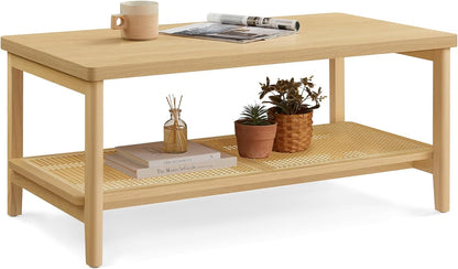 2-Tier Coffee Table for Living Room, Rectangular Living Room Table, with PVC Rattan Storage Shelf, Rounded Corners, Easy Assembly, Boho Style, 21.7 X 39.4 X 17.7 Inches, Oak Beige ULCT240Y57