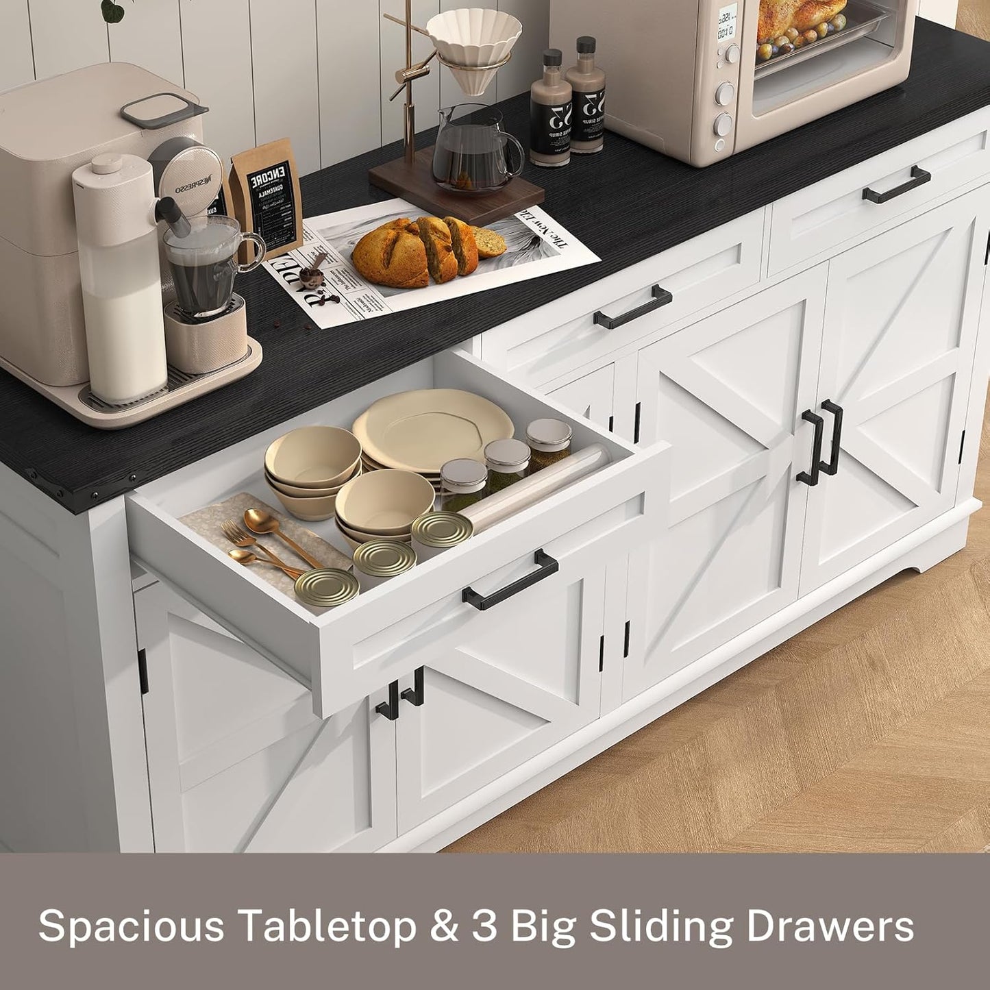 61” Large Sideboard Buffet Cabinet with 4 Doors and 3 Drawers, Farmhouse Buffet Table, Dining Room Storage Cabinet for Kitchen or Living Room, White