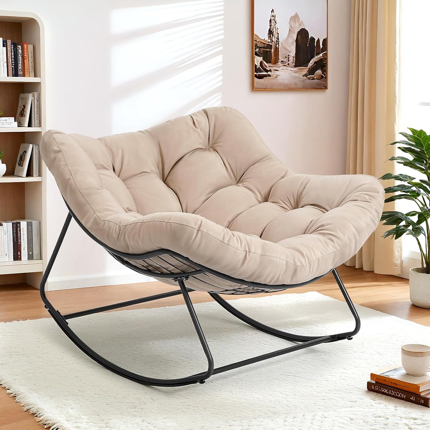 Indoor Rocking Papasan Chair, 450 Lbs Oversized Indoor Egg Comfy Chairs, Rocking Reading Chair with Thickened Cushion, Lounge Cozy Chairs for Bedroom Living Room, Beige