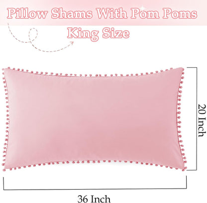 Pom Poms Pillow Shams King Size Set of 2, Pink Decorative Pillowcases with Envelope Closure, Soft Microfiber Shams Cover with Pom Pom Trim, Wrinkle Resistant (20 X 36 Inches)
