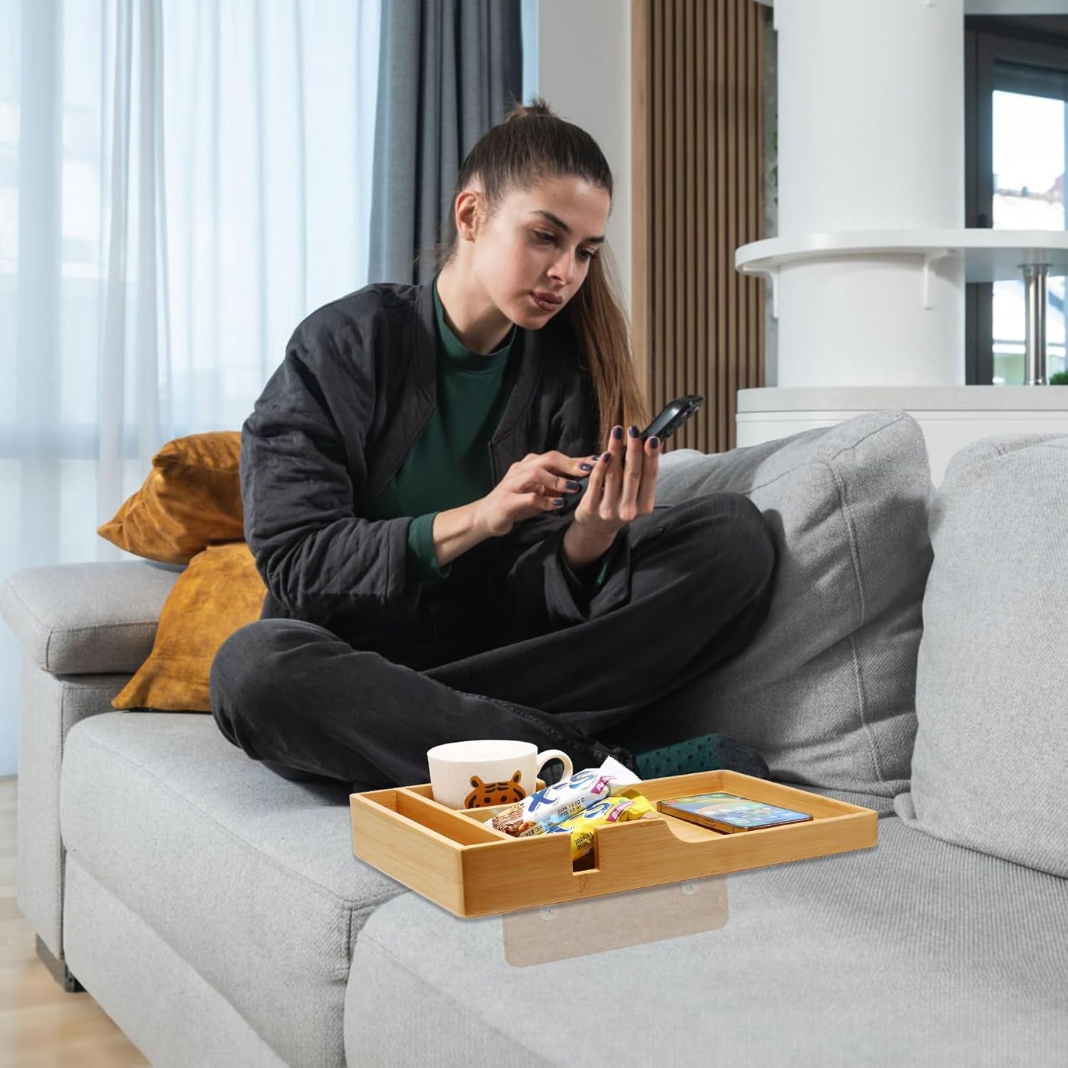Couch Tray, 2-In-1 Insert & Flat Sofa Organizer Bamboo with 2 Cup Holders,Fits Seat Gaps or Ottomans,For Snacks, Drinks, Remotes,15.35X9.84-Inch