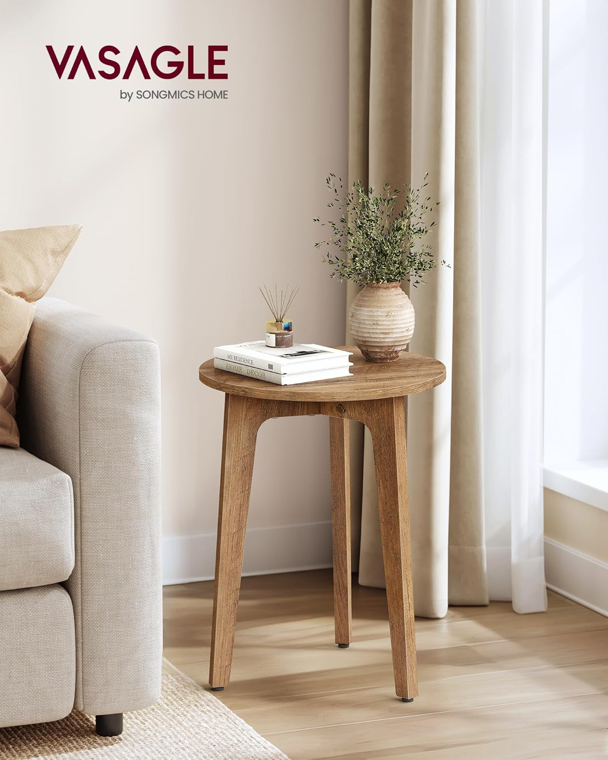 MAEZO Collection - Small Side Table, round End Table, Nightstand with Tapered Legs, Curved Transitions, for Small Spaces, Living Room, Bedroom, Honey Brown ULET237KB01S