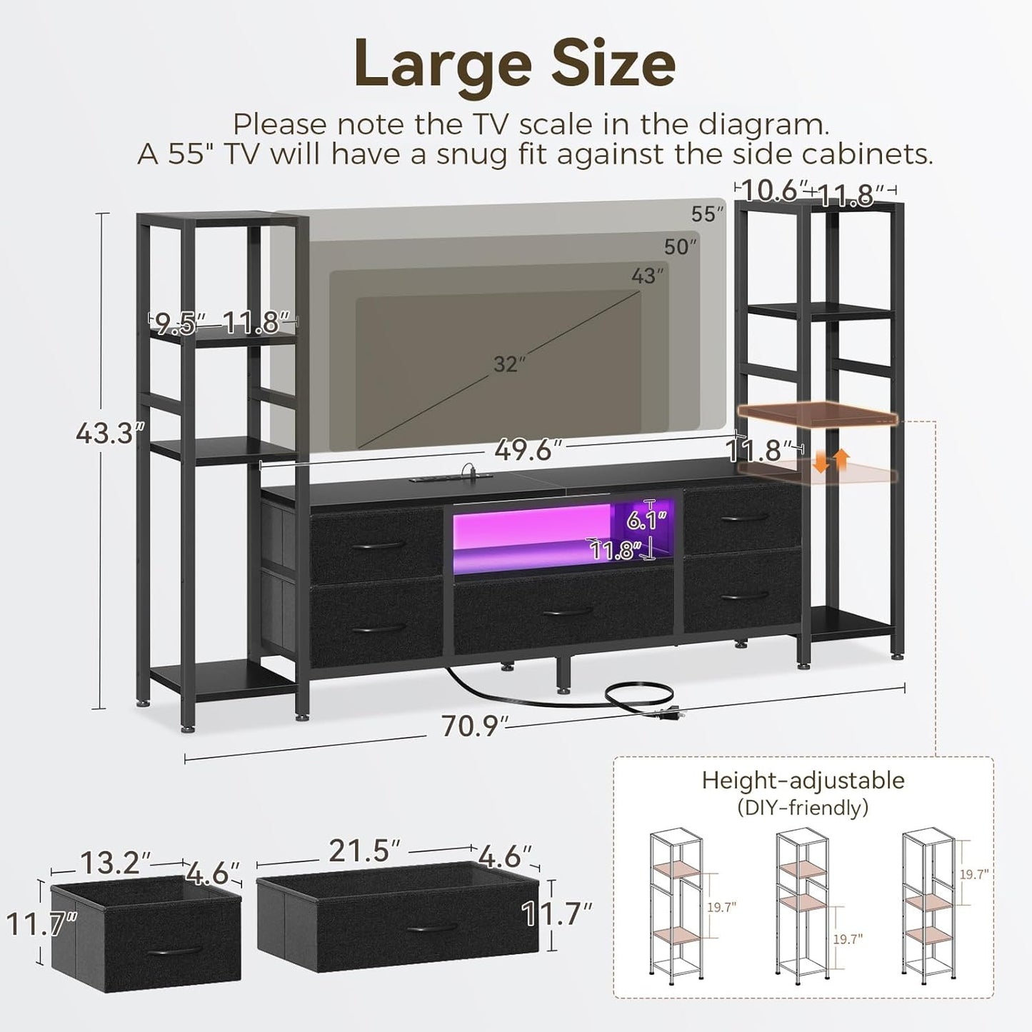 TV Stands for 43-50 Inch TV, Entertainment Center with LED Lights & Power Outlets for Tvs up to 55 Inch, TV Stand Living Room with 5 Fabric Drawers, TV Console Cabinet for Bedroom, Black