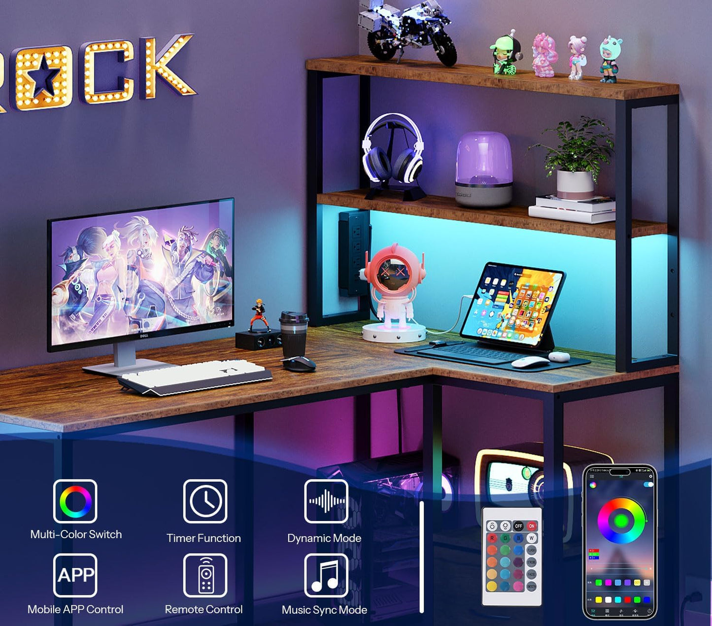 L Shaped Gaming Desk, 46 Inch Reversible Computer Desk with LED Light & Power Outlet, Office Desk with Storage Shelves & Drawer, for Home Office, Study, Rustic Brown and Black BF18UDDN01